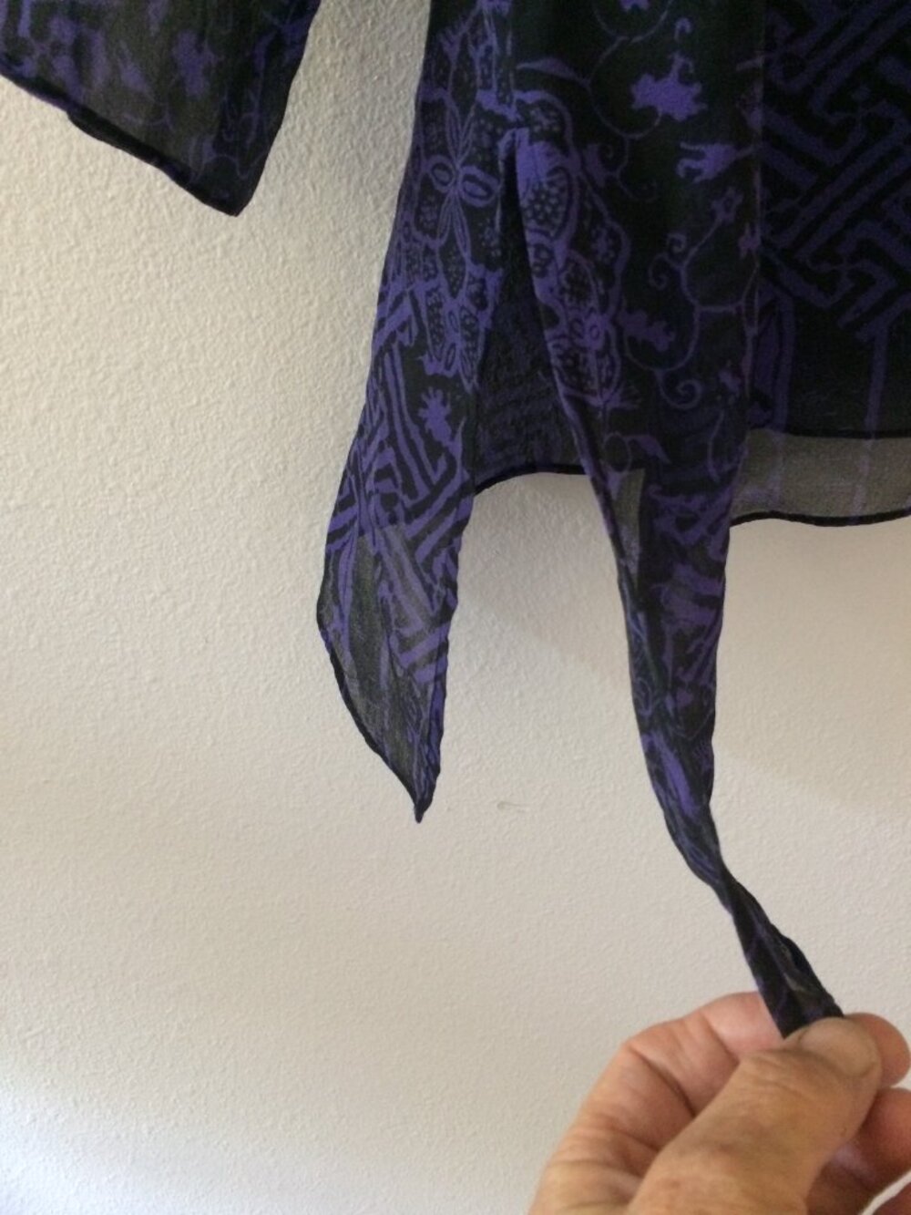 Chico’s Black and Purple Long Sleeve Sheer Silk Asymmetrical Top - Picture 5 of 16